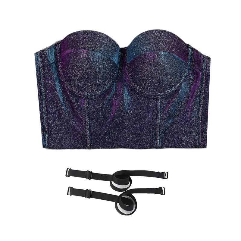 ELLACCI Women's Shiny Bustier Crop Top Sexy Prom Corset Top Bra Gradient Purple Large - Image 4